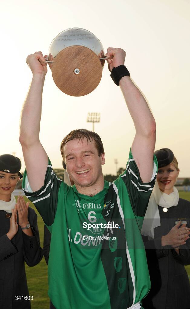 14 March 2009; Leinster captain JJ Delaney lifts the cup. M Donnelly Interprovincial Hurling Final presented by Etihad Airways, Leinster v Connacht, Ghantoot Racing and Polo Club, Abu Dhabi, United Arab Emirates. Picture credit: Ray McManus / SPORTSFILE