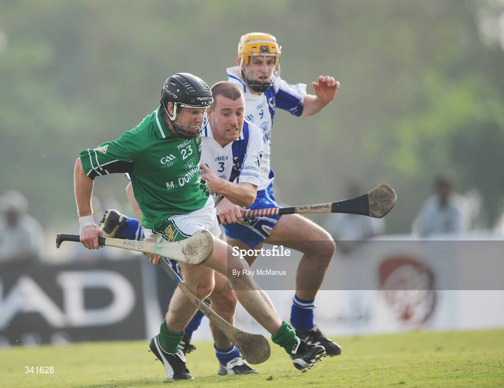 14 March 2009; Michael Rice, Leinster, in action against Damien McClearn, 3, and Keith Raymond, Connacht. M Donnelly Interprovincial Hurling Final presented by Etihad Airways, Leinster v Connacht, Ghantoot Racing and Polo Club, Abu Dhabi, United Arab Emirates. Picture credit: Ray McManus / SPORTSFILE