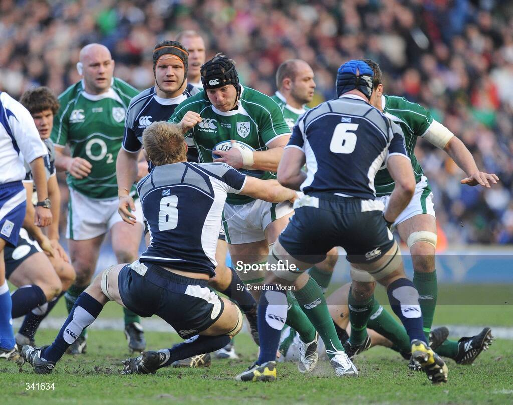14 March 2009; Stephen Ferris, Ireland, is tackled by Simon Taylor, 8, and Alasdair Strokosch, Scotland. RBS Six Nations Championship, Scotland v Ireland, Murrayfield Stadium, Edinburgh, Scotland. Picture credit: Brendan Moran / SPORTSFILE