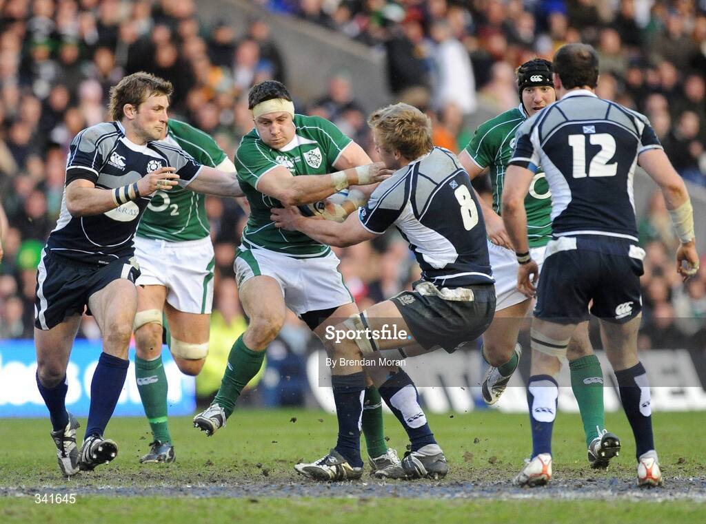 14 March 2009; David Wallace, Ireland, is tackled by John Barclay, left, and Simon Taylor, Scotland. RBS Six Nations Championship, Scotland v Ireland, Murrayfield Stadium, Edinburgh, Scotland. Picture credit: Brendan Moran / SPORTSFILE