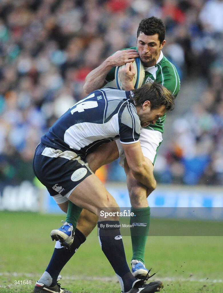 14 March 2009; Rob Kearney, Ireland, is tackled by Simon Danielli, Scotland. RBS Six Nations Championship, Scotland v Ireland, Murrayfield Stadium, Edinburgh, Scotland. Picture credit: Brendan Moran / SPORTSFILE