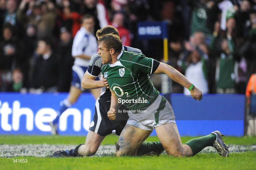 14 March 2009; Jamie Heaslip, Ireland, celebrates after scoring his side's try against Scotland. RBS Six Nations Championship, Scotland v Ireland, Murrayfield Stadium, Edinburgh, Scotland. Picture credit: Brendan Moran / SPORTSFILE