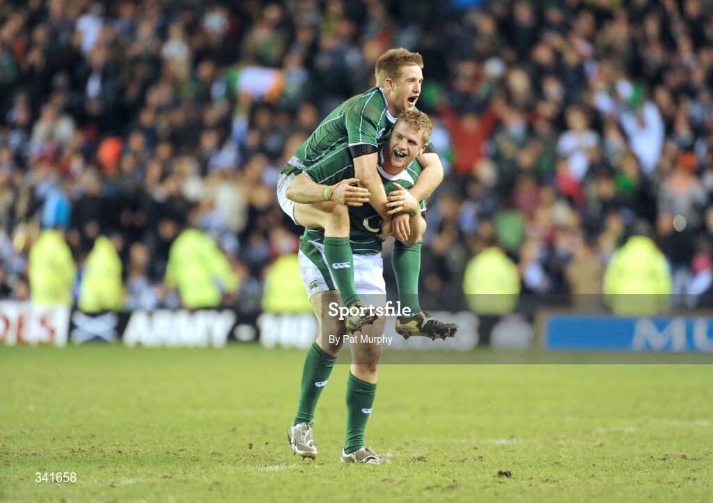 14 March 2009; Ireland players Luke Fitzgerald, top, and try scorer Jamie Heaslip celebrate at the final whistle after victory over Scotland. RBS Six Nations Championship, Scotland v Ireland, Murrayfield Stadium, Edinburgh, Scotland. Picture credit: Pat Murphy / SPORTSFILE