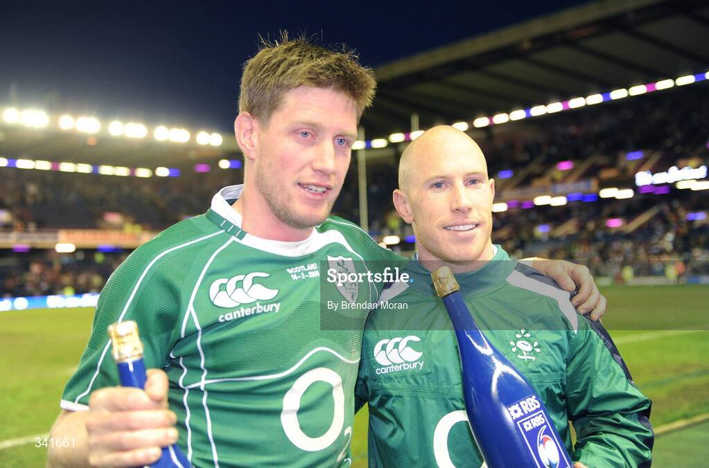 14 March 2009; Ireland out-half Ronan O'Gara, left, and scrum-half Peter Stringer celebrate after the game. RBS Six Nations Championship, Scotland v Ireland, Murrayfield Stadium, Edinburgh, Scotland. Picture credit: Brendan Moran / SPORTSFILE