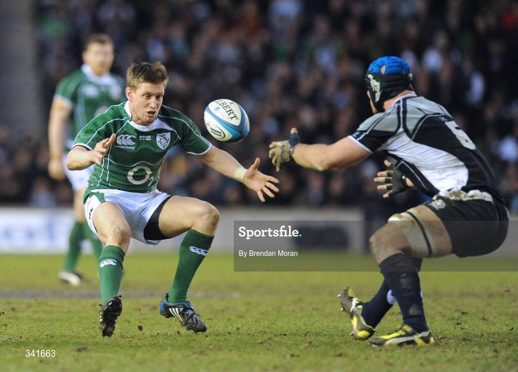 14 March 2009; Ronan O'Gara, Ireland, and Alastair Strokosch, Scotland, contest a loose ball. RBS Six Nations Championship, Scotland v Ireland, Murrayfield Stadium, Edinburgh, Scotland. Picture credit: Brendan Moran / SPORTSFILE