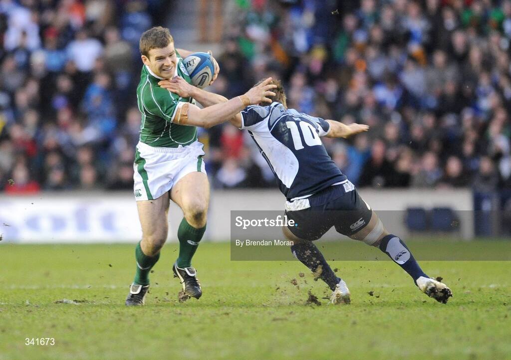 14 March 2009; Gordon D'Arcy, Ireland, is tackled by Phil Godman, Scotland. RBS Six Nations Championship, Scotland v Ireland, Murrayfield Stadium, Edinburgh, Scotland. Picture credit: Brendan Moran / SPORTSFILE