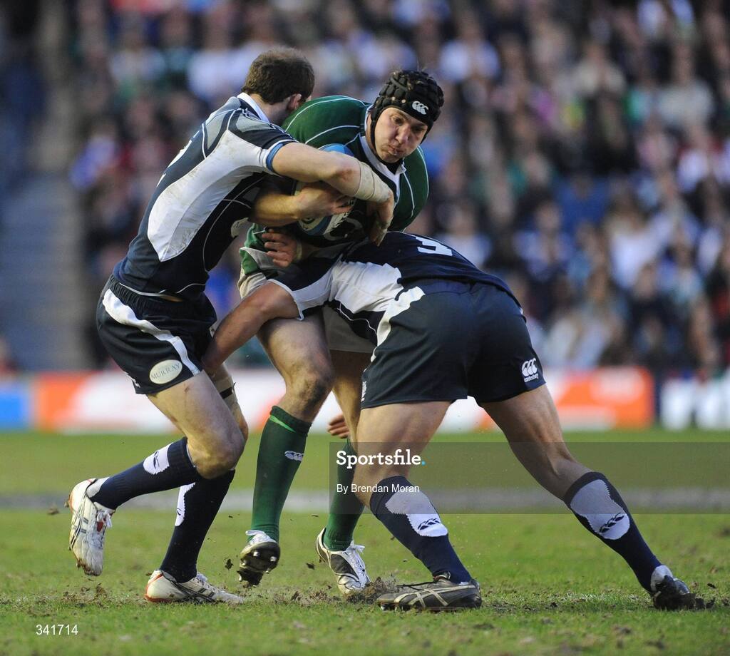 14 March 2009; Stephen Ferris, Ireland, in action against Graeme Morrison, left, and Euan Murray, Scotland. RBS Six Nations Championship, Scotland v Ireland, Murrayfield Stadium, Edinburgh, Scotland. Picture credit: Brendan Moran / SPORTSFILE