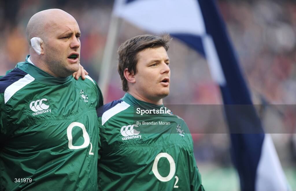 14 March 2009; Ireland's John Hayes, who earns a record 93rd cap, left, alongside captain Brian O'Driscoll before the game. RBS Six Nations Championship, Scotland v Ireland, Murrayfield Stadium, Edinburgh, Scotland. Picture credit: Brendan Moran / SPORTSFILE
