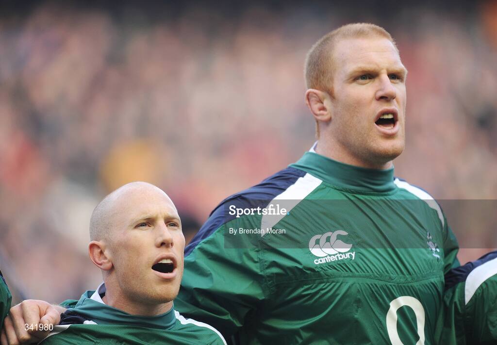 14 March 2009; Ireland's Peter Stringer, left, and Paul O'Connell during the national anthems before the game. RBS Six Nations Championship, Scotland v Ireland, Murrayfield Stadium, Edinburgh, Scotland. Picture credit: Brendan Moran / SPORTSFILE