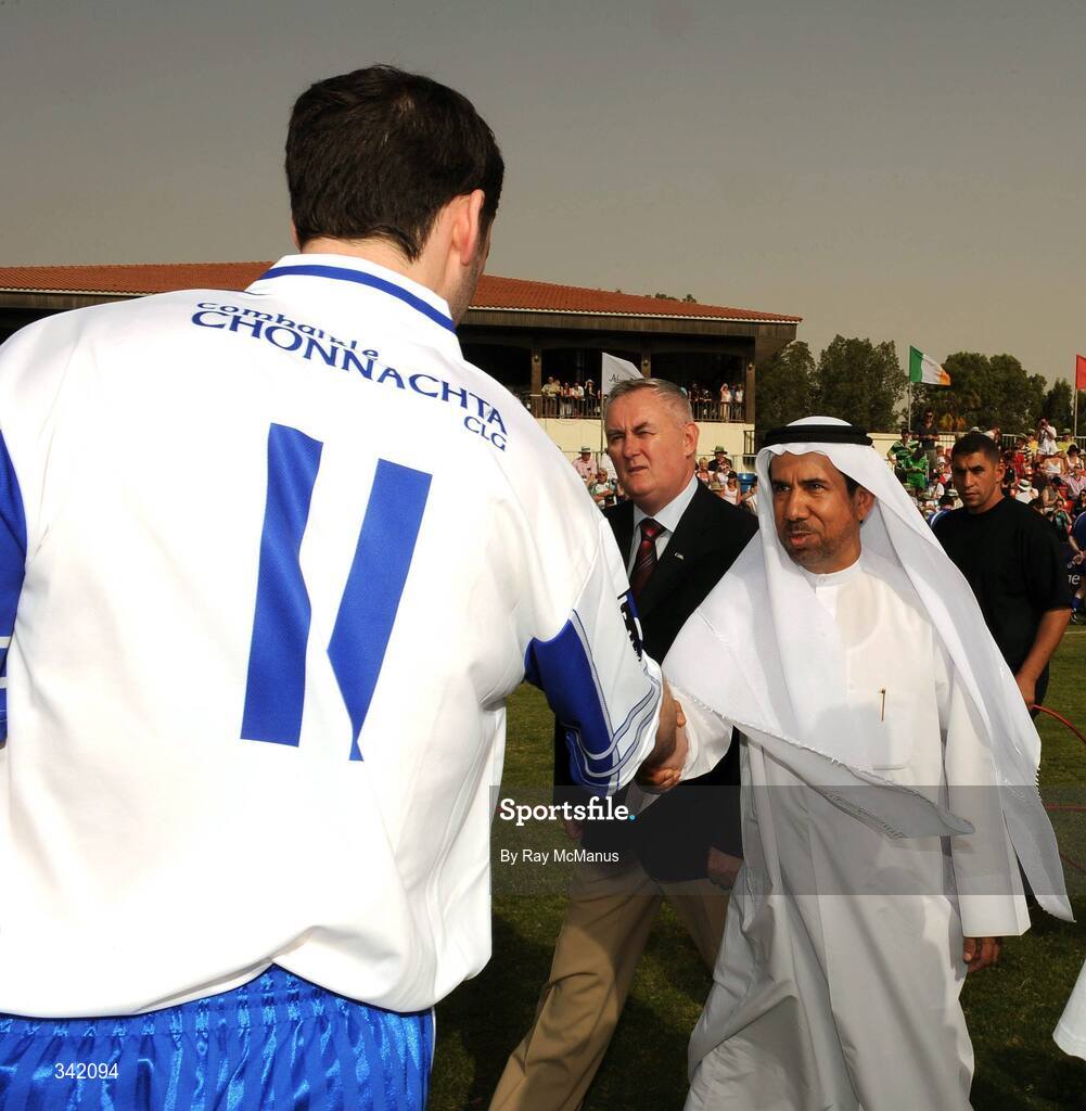 14 March 2009; Mark Kerins, Connacht, is introduced by President Elect Christy Cooney to His Excellency Saeed Bin Hofan Al Mansouri before the game. M Donnelly Interprovincial Hurling Final presented by Etihad Airways, Leinster v Connacht, Ghantoot Racing and Polo Club, Abu Dhabi, United Arab Emirates. Picture credit: Ray McManus / SPORTSFILE
