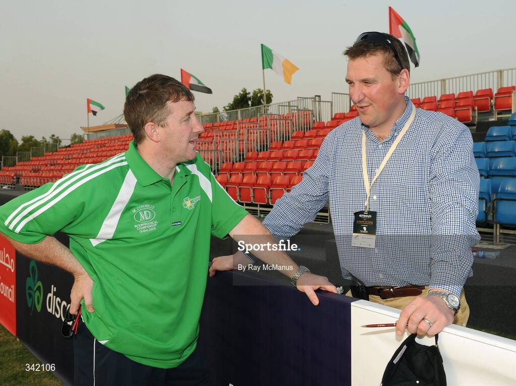 14 March 2009; Brian Whelahan, Leinster, in conversation with Sir Matthew Pinsent after the game. M Donnelly Interprovincial Hurling Final presented by Etihad Airways, Leinster v Connacht, Ghantoot Racing and Polo Club, Abu Dhabi, United Arab Emirates. Picture credit: Ray McManus / SPORTSFILE