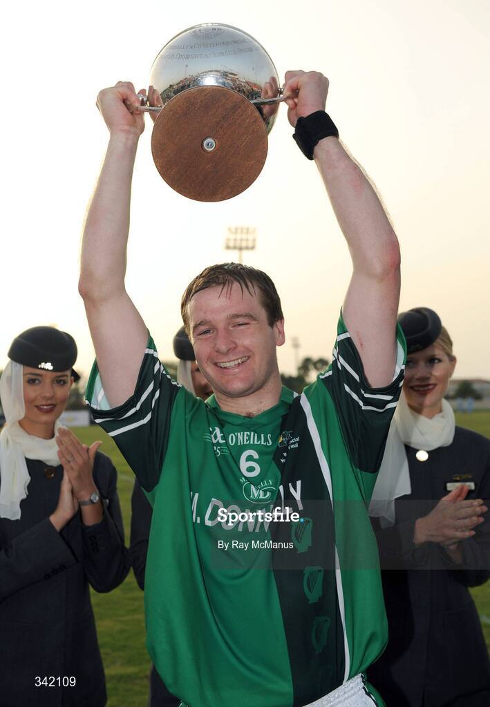 14 March 2009; Leinster captain JJ Delaney lifts the cup. M Donnelly Interprovincial Hurling Final presented by Etihad Airways, Leinster v Connacht, Ghantoot Racing and Polo Club, Abu Dhabi, United Arab Emirates. Picture credit: Ray McManus / SPORTSFILE