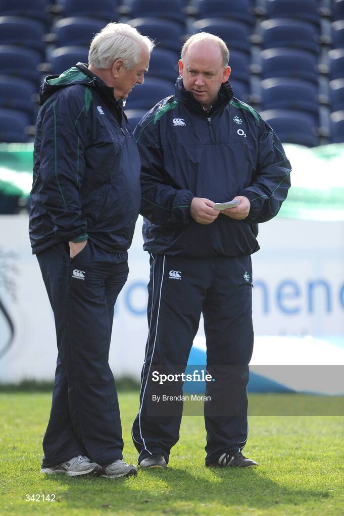 17 March 2009; Ireland head coach Declan Kidney in conversation with assistant coach Alan Gaffney, left, during rugby squad training ahead of their RBS Six Nations Championship game against Wales on Saturday. RDS, Dublin. Picture credit: Brendan Moran / SPORTSFILE