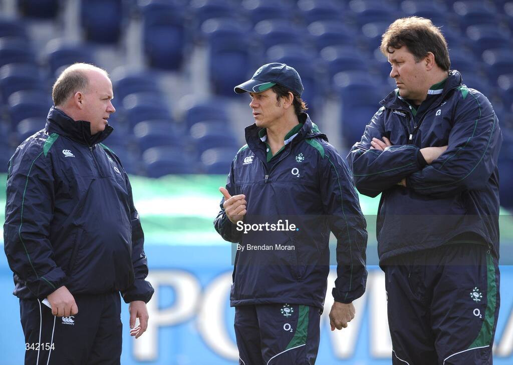 17 March 2009; Ireland head coach Declan Kidney in conversation with Les Kiss, defence coach, centre, and Gert Smal, forwards coach, right, during rugby squad training ahead of their RBS Six Nations Championship game against Wales on Saturday. RDS, Dublin. Picture credit: Brendan Moran / SPORTSFILE
