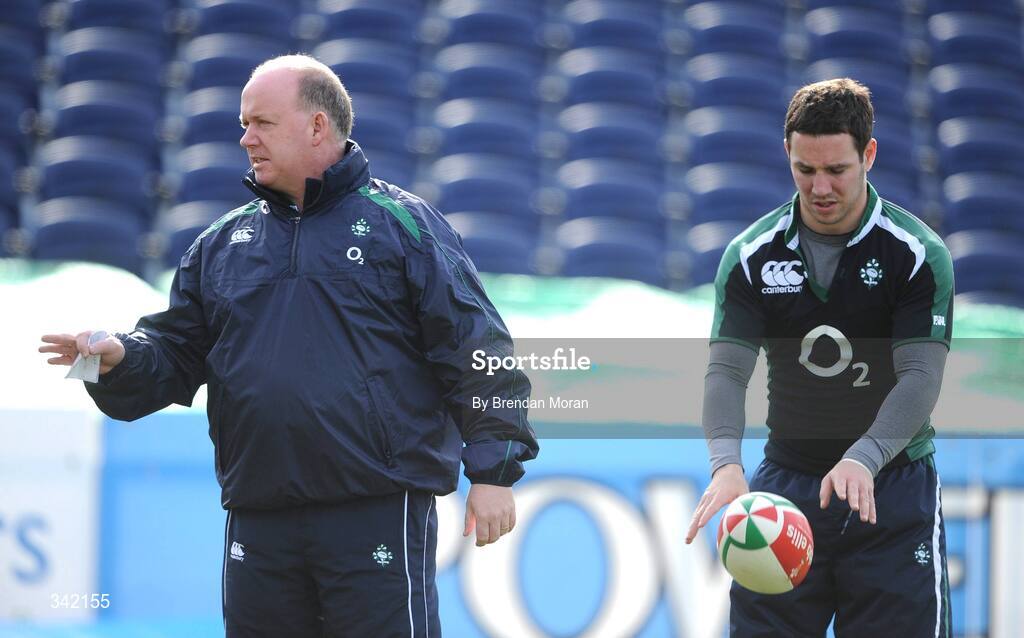 17 March 2009; Ireland head coach Declan Kidney and Paddy Wallace during rugby squad training ahead of their RBS Six Nations Championship game against Wales on Saturday. RDS, Dublin. Picture credit: Brendan Moran / SPORTSFILE