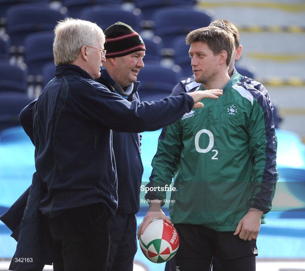 17 March 2009; Ireland's Ronan O'Gara with team manager Paul Naughton during rugby squad training ahead of their RBS Six Nations Championship game against Wales on Saturday. RDS, Dublin. Picture credit: Brendan Moran / SPORTSFILE