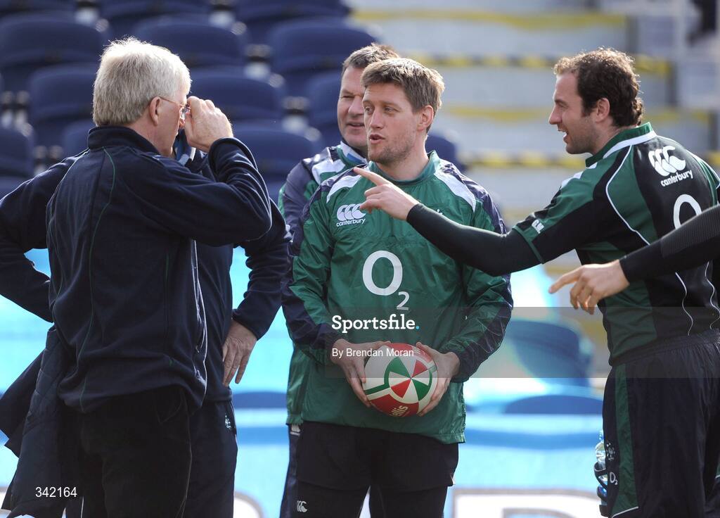 17 March 2009; Ireland's Ronan O'Gara and Geordan Murphy with team manager Paul Naughton during rugby squad training ahead of their RBS Six Nations Championship game against Wales on Saturday. RDS, Dublin. Picture credit: Brendan Moran / SPORTSFILE