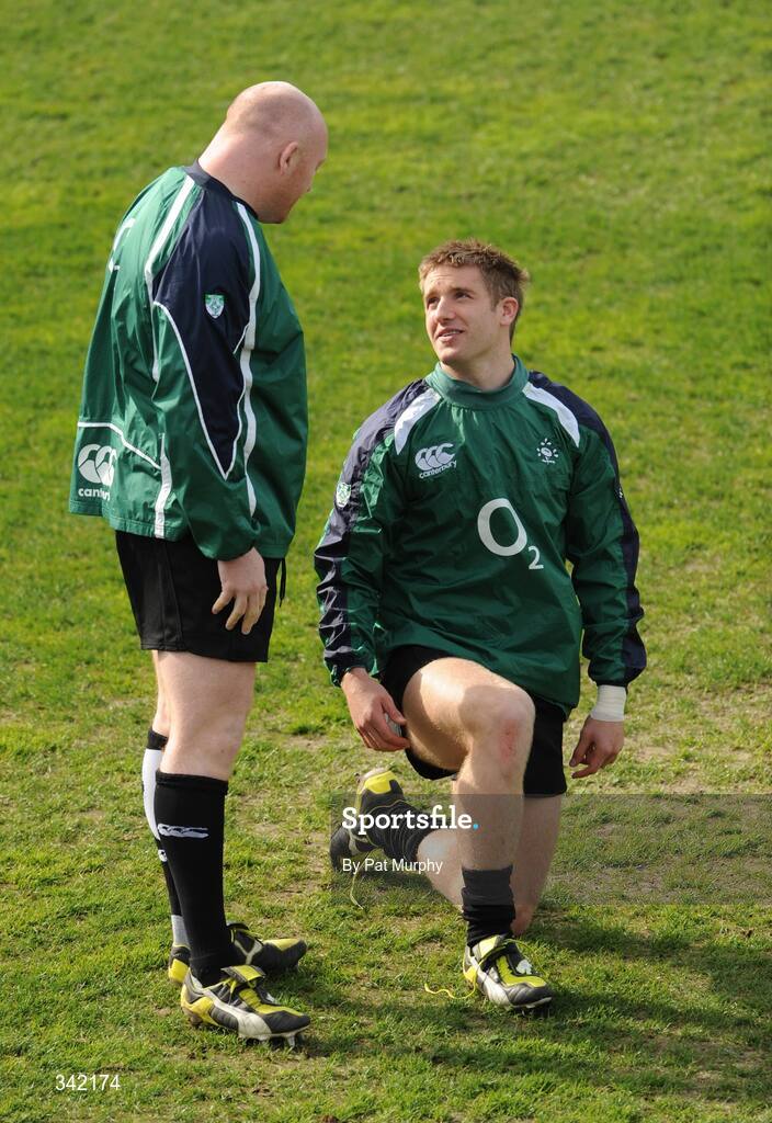 17 March 2009; Ireland's Bernard Jackman and Luke Fitzgerald, right, in conversation during rugby squad training ahead of their RBS Six Nations Championship game against Wales on Saturday. RDS, Dublin. Picture credit: Pat Murphy / SPORTSFILE