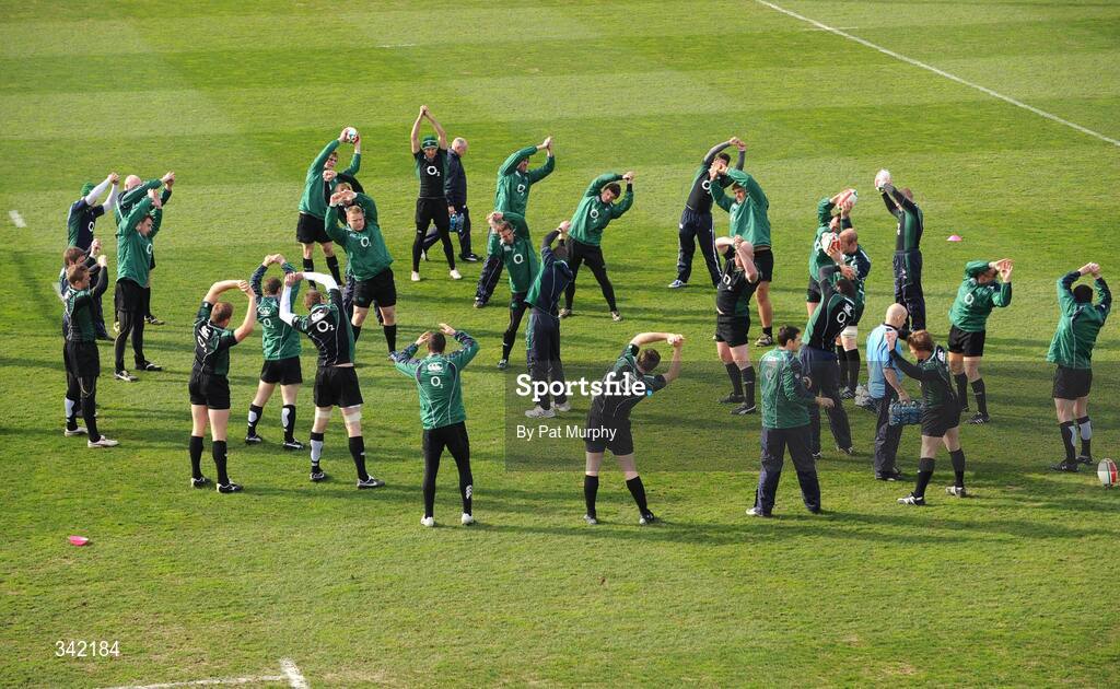 17 March 2009; The Ireland players stretch during rugby squad training ahead of their RBS Six Nations Championship game against Wales on Saturday. RDS, Dublin. Picture credit: Pat Murphy / SPORTSFILE