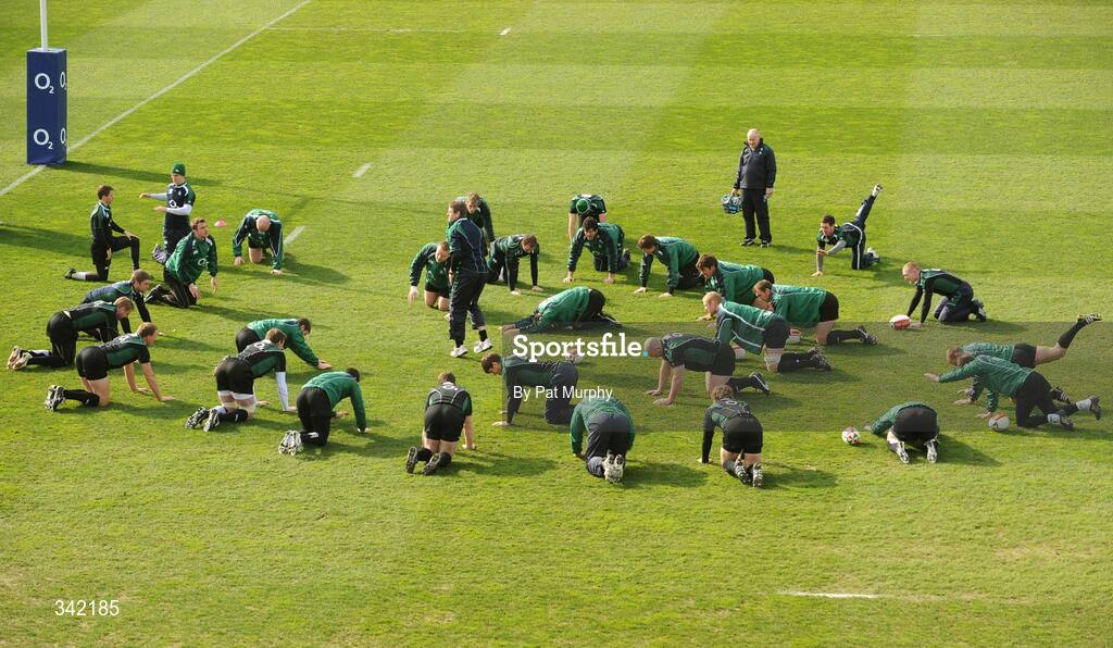 17 March 2009; The Ireland players stretch during rugby squad training ahead of their RBS Six Nations Championship game against Wales on Saturday. RDS, Dublin. Picture credit: Pat Murphy / SPORTSFILE
