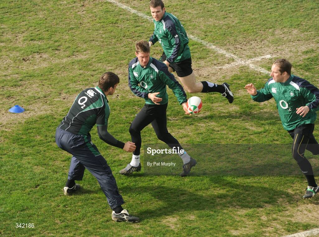 17 March 2009; Ireland's Ronan O'Gara, Gordon D'Arcy, top, and Tomas O'Leary, right, in action against Donncha O'Callaghan during rugby squad training ahead of their RBS Six Nations Championship game against Wales on Saturday. RDS, Dublin. Picture credit: Pat Murphy / SPORTSFILE