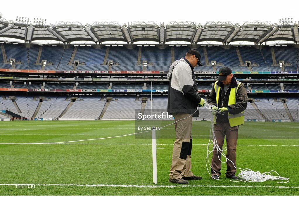6 September 2015; Groundsmen rope-off the goalmouth at the Hill 16 end ahead of the days matches. GAA Hurling All-Ireland Senior Championship Final, Kilkenny v Galway, Croke Park, Dublin. Picture credit: Seb Daly / SPORTSFILE