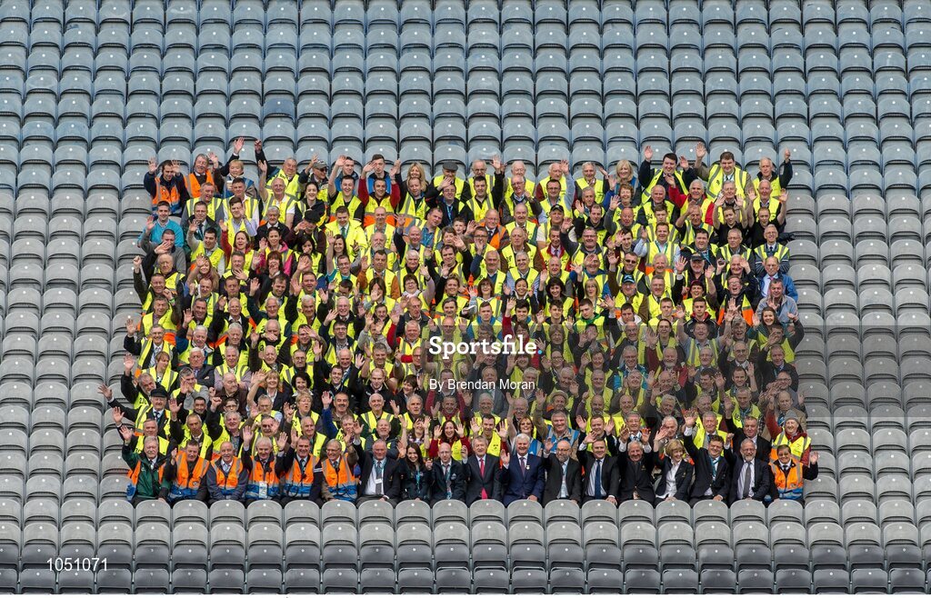 6 September 2015; Uachtarán Chumann Lúthchleas Gael Aogán Ó Fearghail and Ard Stiúrthóir of the GAA Páraic Duffy and the stadium maors sit for a photograph before taking their posts ahead of the game. GAA Hurling All-Ireland Senior Championship Final, Kilkenny v Galway, Croke Park, Dublin. Picture credit: Brendan Moran / SPORTSFILE