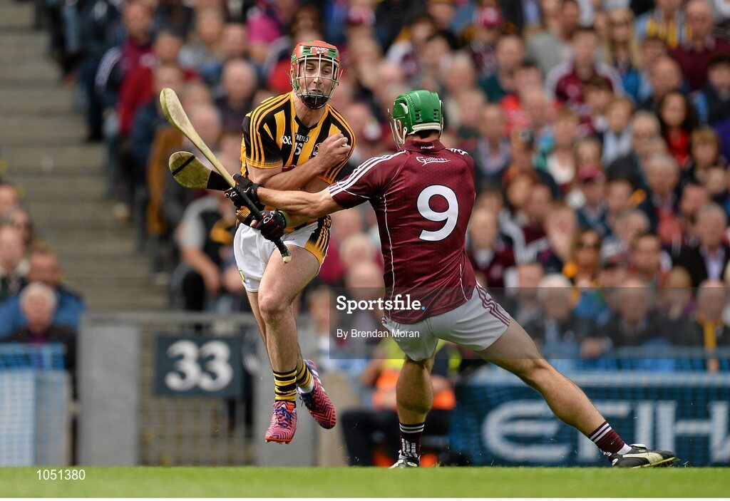 6 September 2015; Eoin Larkin, Kilkenny, in action against David Burke, Galway. GAA Hurling All-Ireland Senior Championship Final, Kilkenny v Galway, Croke Park, Dublin. Picture credit: Brendan Moran / SPORTSFILE