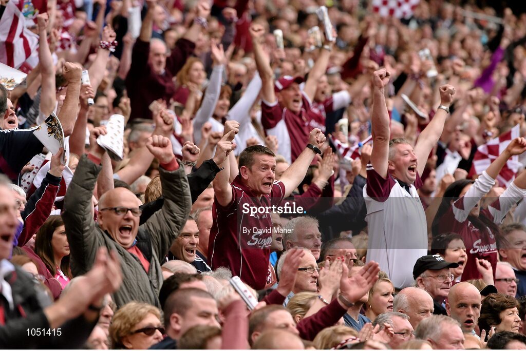 6 September 2015; Galway supporters celebrate during the first half. GAA Hurling All-Ireland Senior Championship Final, Kilkenny v Galway, Croke Park, Dublin. Picture credit: David Maher / SPORTSFILE