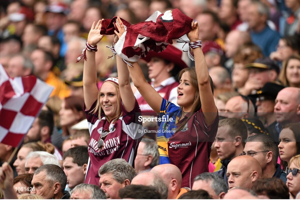 6 September 2015; Galway supporters celebrate a first half point. GAA Hurling All-Ireland Senior Championship Final, Kilkenny v Galway, Croke Park, Dublin. Picture credit: Diarmuid Greene / SPORTSFILE
