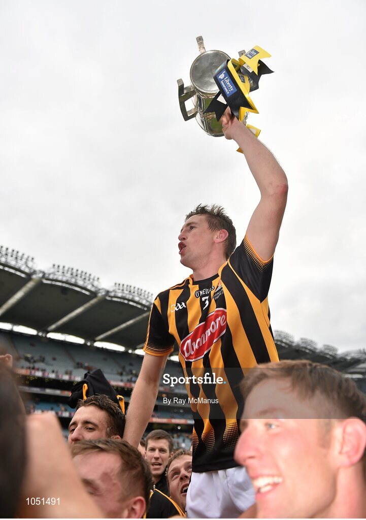 6 September 2015; Kilkenny captain Joey Holden is held shoulder-high in front of Hill 16 at the end of the game. GAA Hurling All-Ireland Senior Championship Final, Kilkenny v Galway, Croke Park, Dublin. Picture credit: Ray McManus / SPORTSFILE