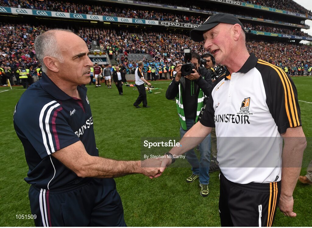 6 September 2015; Kilkenny manager Brian Cody and Galway manager Anthony Cunningham at the end of the game. GAA Hurling All-Ireland Senior Championship Final, Kilkenny v Galway, Croke Park, Dublin. Picture credit: Stephen McCarthy / SPORTSFILE