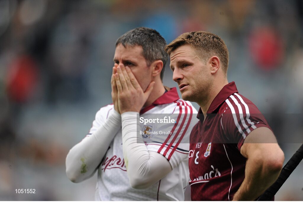 6 September 2015; Dejected Galway players, Andrew Smith, right, and goalkeeper Colm Callanan after the game. GAA Hurling All-Ireland Senior Championship Final, Kilkenny v Galway, Croke Park, Dublin. Picture credit: Tomás Greally / SPORTSFILE