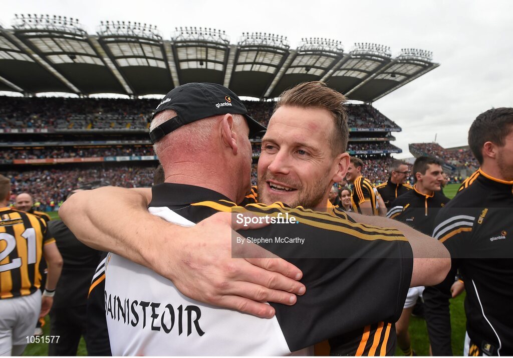 6 September 2015; Kilkenny's Jackie Tyrrell with manager Brian Cody following their victory. GAA Hurling All-Ireland Senior Championship Final, Kilkenny v Galway. Croke Park, Dublin. Picture credit: Stephen McCarthy / SPORTSFILE