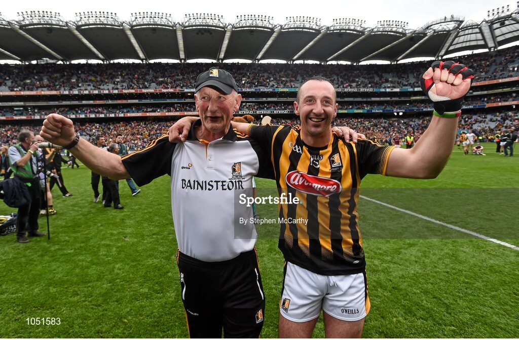 6 September 2015; Kilkenny's Eoin Larkin with manager Brian Cody following their victory. GAA Hurling All-Ireland Senior Championship Final, Kilkenny v Galway. Croke Park, Dublin. Picture credit: Stephen McCarthy / SPORTSFILE