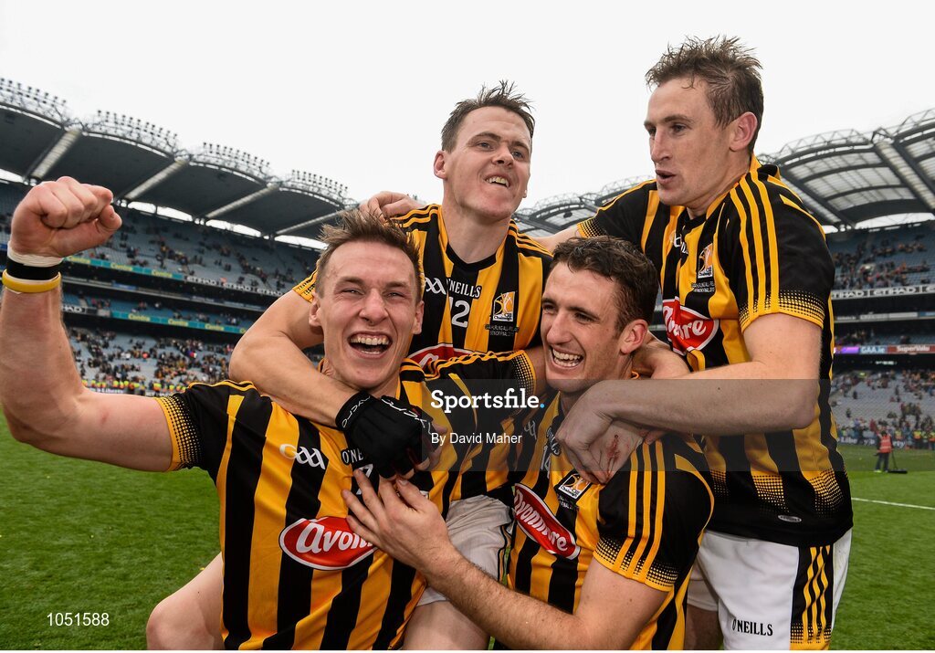 6 September 2015; Kilkenny players, from left, Cillian Buckley, TJ Reid, Colin Fennelly and Joey Holden, celebrate at the end of the game. GAA Hurling All-Ireland Senior Championship Final, Kilkenny v Galway, Croke Park, Dublin. Picture credit: David Maher / SPORTSFILE