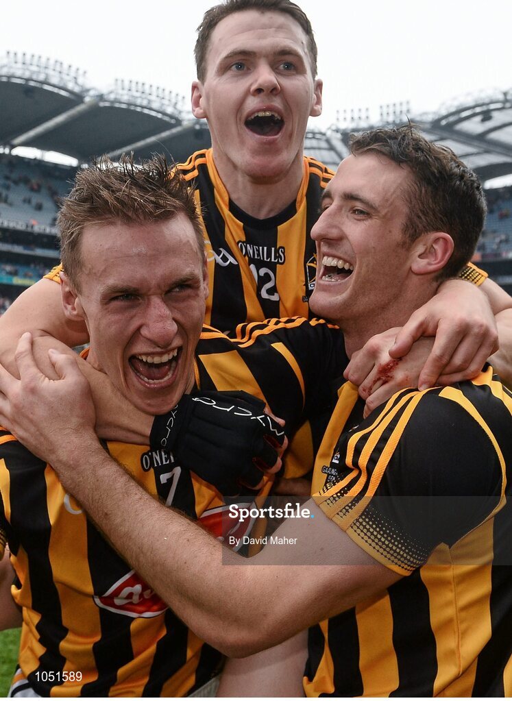 6 September 2015; Kilkenny players, from left, Cillian Buckley, TJ Reid and Colin Fennelly celebrate at the end of the game. GAA Hurling All-Ireland Senior Championship Final, Kilkenny v Galway, Croke Park, Dublin. Picture credit: David Maher / SPORTSFILE