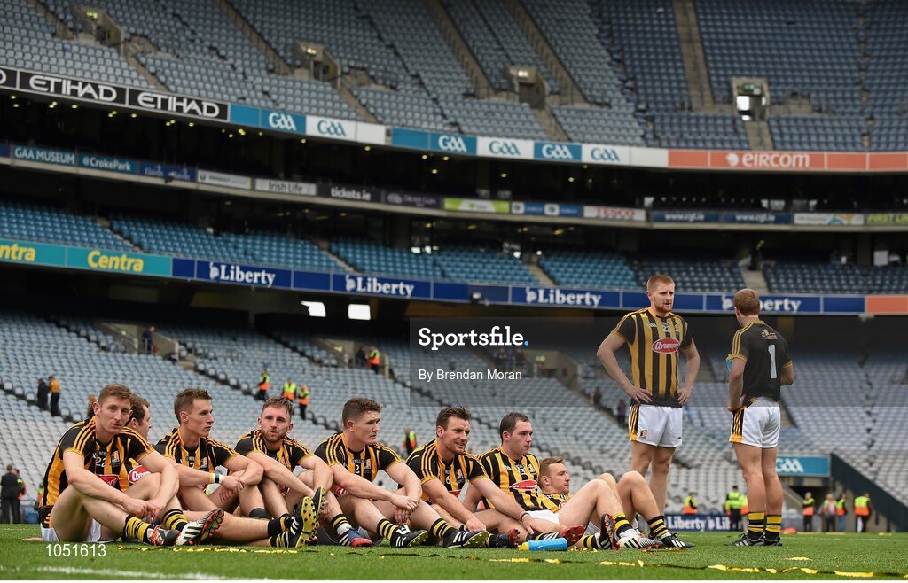 6 September 2015; Kilkenny players, from left, Joe Lyng, Padraig Walsh, Cillian Buckley, Conor Fogarty, Paul Murphy, Kieran Joyce, Ger Aylward, Richie Hogan, John Power and Eoin Murphy sit on the pitch after the game. GAA Hurling All-Ireland Senior Championship Final, Kilkenny v Galway, Croke Park, Dublin. Picture credit: Brendan Moran / SPORTSFILE