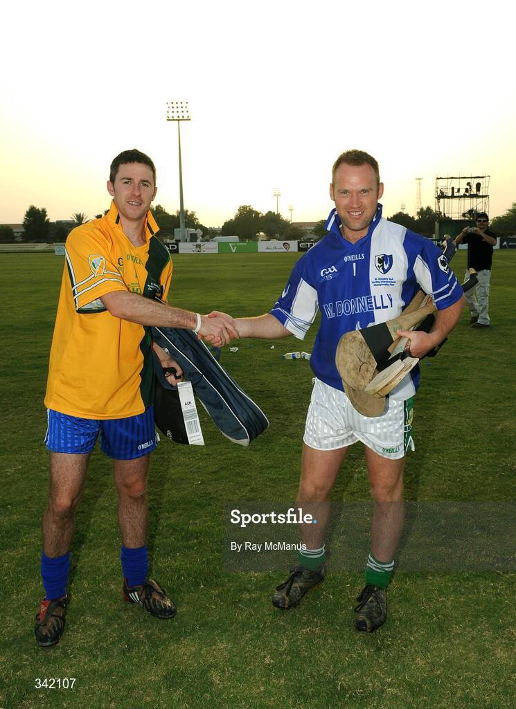14 March 2009; The Leinster goalkeeper PJ Ryan, Kilkenny, right, with his opposite number Colm Callanan, Galway and Connacht, after they had swapped jerseys. M Donnelly Interprovincial Hurling Final presented by Etihad Airways, Leinster v Connacht, Ghantoot Racing and Polo Club, Abu Dhabi, United Arab Emirates. Picture credit: Ray McManus / SPORTSFILE