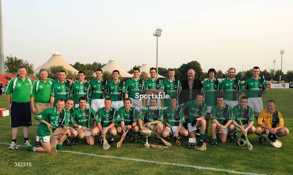 14 March 2009; The Leinster squad with the cup and sponsor Martin Donnelly. Donnelly Interprovincial Hurling Final presented by Etihad Airways, Leinster v Connacht, Ghantoot Racing and Polo Club, Abu Dhabi, United Arab Emirates. Picture credit: Ray McManus / SPORTSFILE