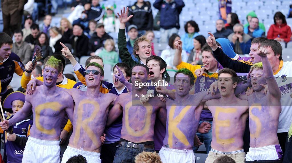 17 March 2009; Kilmacud Crokes fans, from left to right, Conor Clinton, Ronan Walsh, Craig Dias, Cian McGowan, Niall Colleran and Daniel Kennedy celebrate late in the game. AIB All-Ireland Senior Club Football Championship Final, Crossmaglen Rangers, Co. Armagh v Kilmacud Crokes, Dublin. Croke Park, Dublin. Picture credit: Brendan Moran / SPORTSFILE