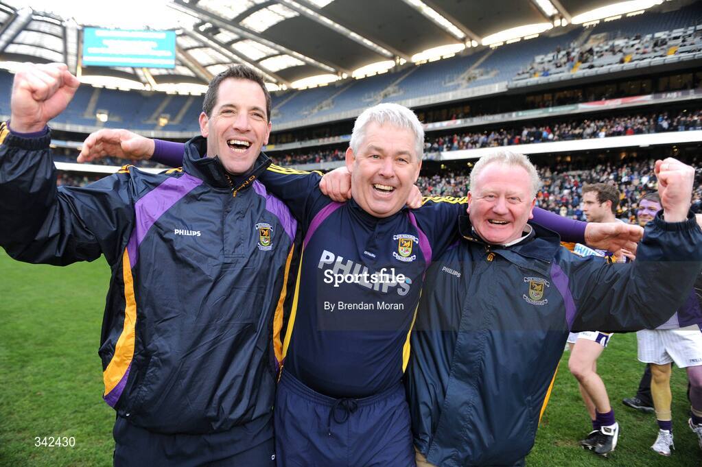 17 March 2009; Kilmacud Crokes manager Paddy Carr, centre, and selectors Mark Duncan, left, and Gerry Walsh celebrate after the final whistle. AIB All-Ireland Senior Club Football Championship Final, Crossmaglen Rangers, Co. Armagh v Kilmacud Crokes, Dublin. Croke Park, Dublin. Picture credit: Brendan Moran / SPORTSFILE