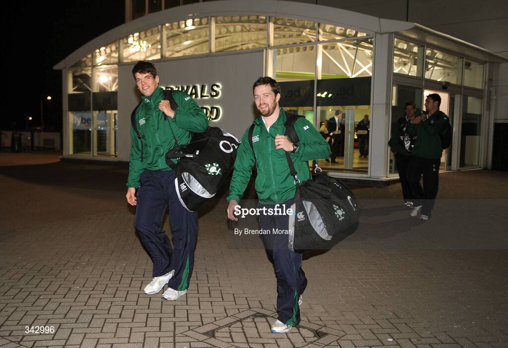 19 March 2009; Ireland's Donncha O'Callaghan, left, and Marcus Horan on the team's arrival at Cardiff Airport ahead of their RBS Six Nations Championship match against Wales on Saturday. Cardiff Airport, Wales. Picture credit: Brendan Moran / SPORTSFILE