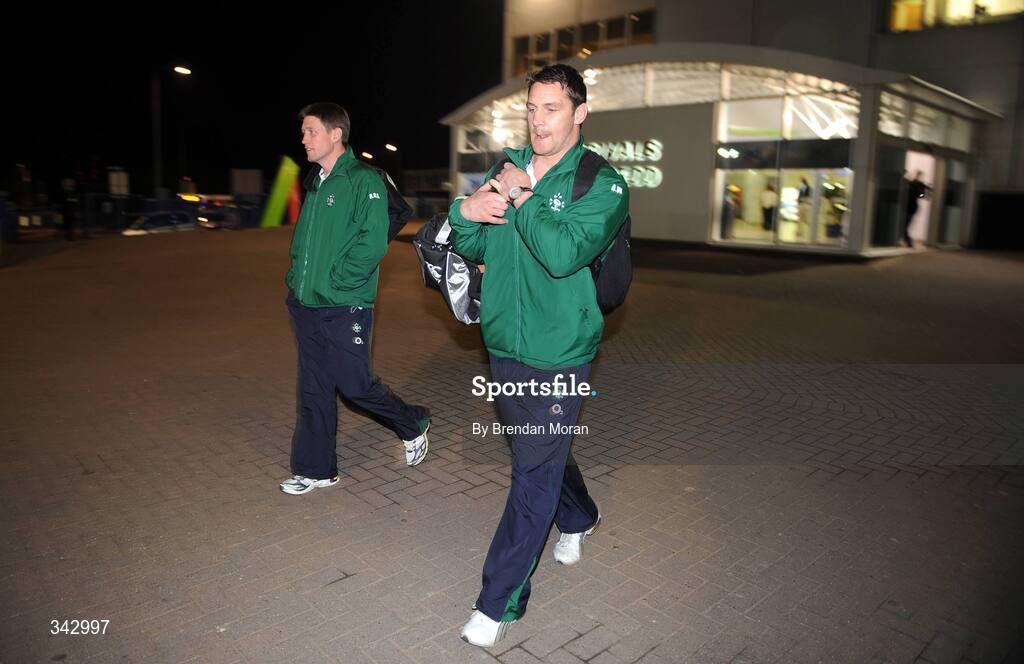19 March 2009; Ireland's Ronan O'Gara, left, and David Wallace on the team's arrival at Cardiff Airport ahead of their RBS Six Nations Championship match against Wales on Saturday. Cardiff Airport, Wales. Picture credit: Brendan Moran / SPORTSFILE