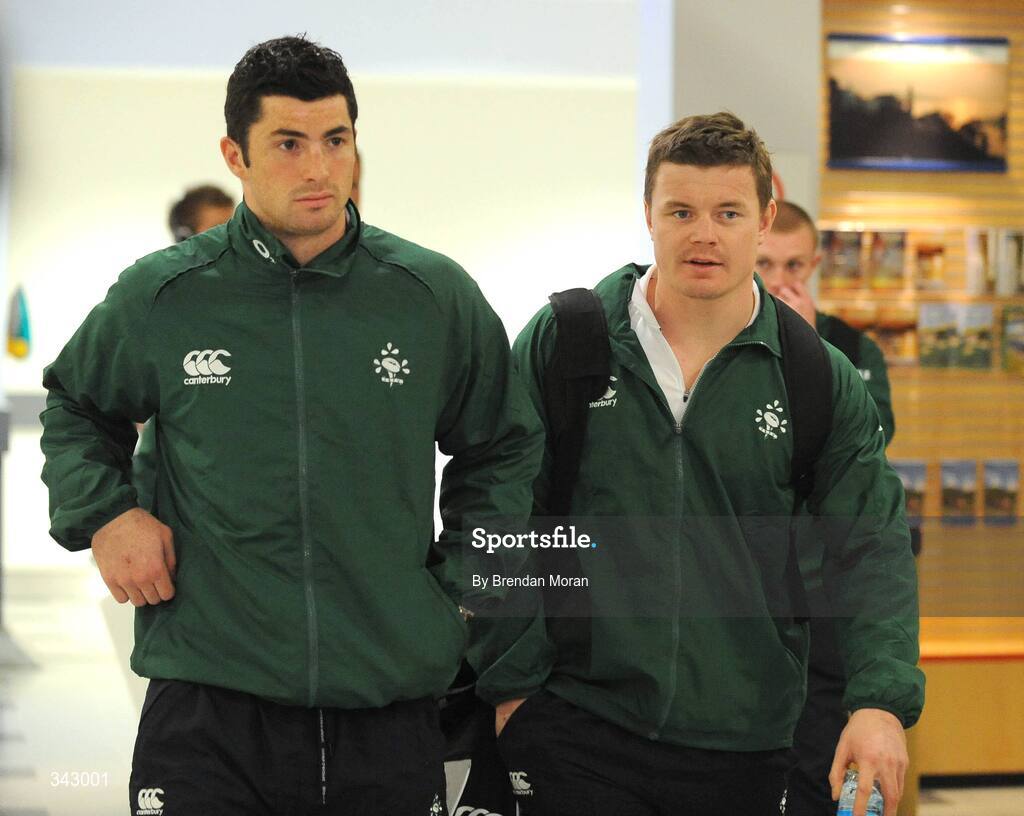 19 March 2009; Ireland's Rob Kearney, left, and captain Brian O'Driscoll on the team's arrival at Cardiff Airport ahead of their RBS Six Nations Championship match against Wales on Saturday. Cardiff Airport, Wales. Picture credit: Brendan Moran / SPORTSFILE