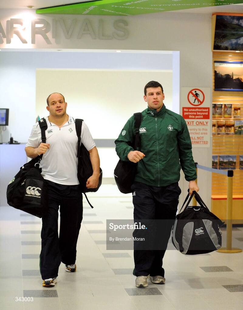 19 March 2009; Ireland's Rory Best, left, and Denis Leamy on the team's arrival at Cardiff Airport ahead of their RBS Six Nations Championship match against Wales on Saturday. Cardiff Airport, Wales. Picture credit: Brendan Moran / SPORTSFILE