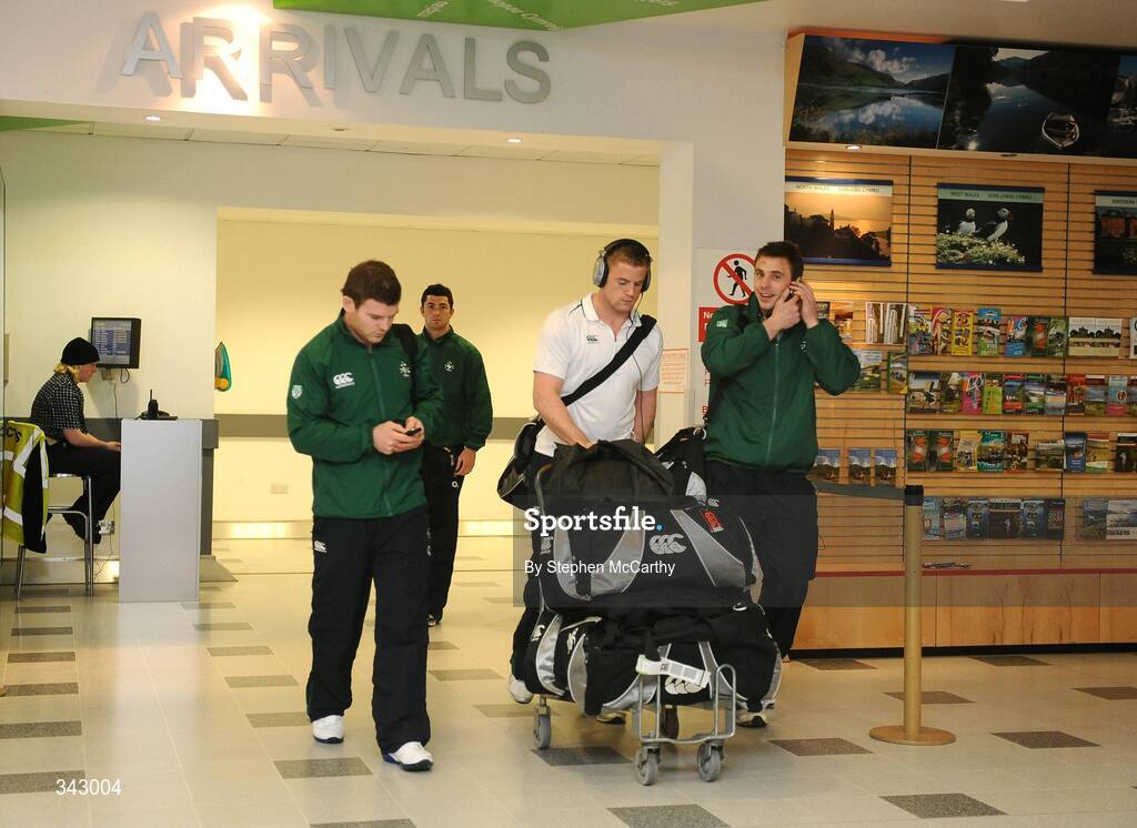 19 March 2009; Ireland players, from left, Gordon D'Arcy, Jamie Heaslip and Tommy Bowe on the team's arrival at Cardiff Airport ahead of their RBS Six Nations Championship match against Wales on Saturday. Cardiff Airport, Wales. Picture credit: Stephen McCarthy / SPORTSFILE