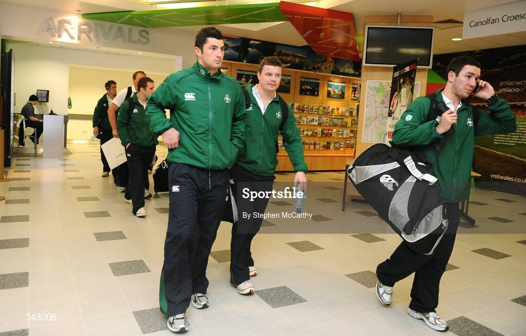 19 March 2009; Ireland's Rob Kearney, left, captain Brian O'Driscoll and Paddy Wallace on the team's arrival at Cardiff Airport ahead of their RBS Six Nations Championship match against Wales on Saturday. Cardiff Airport, Wales. Picture credit: Stephen McCarthy / SPORTSFILE