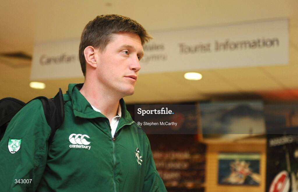 19 March 2009; Ireland out-half Ronan O'Gara on the team's arrival at Cardiff Airport ahead of their RBS Six Nations Championship match against Wales on Saturday. Cardiff Airport, Wales. Picture credit: Stephen McCarthy / SPORTSFILE
