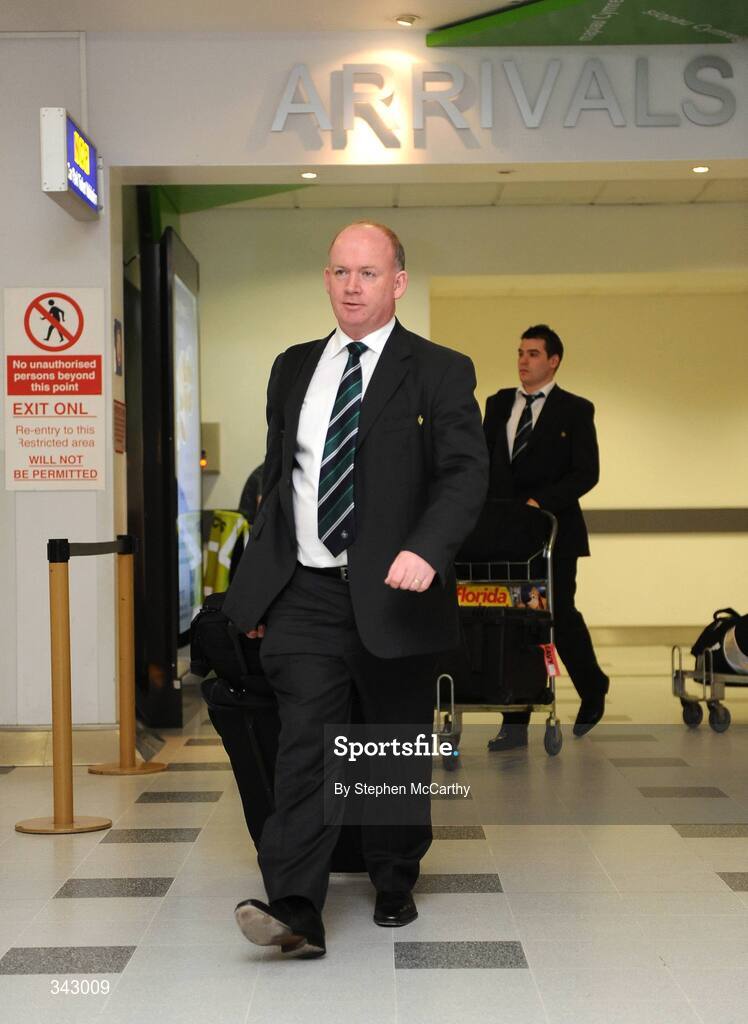 19 March 2009; Ireland head coach Declan Kidney on the team's arrival at Cardiff Airport ahead of their RBS Six Nations Championship match against Wales on Saturday. Cardiff Airport, Wales. Picture credit: Stephen McCarthy / SPORTSFILE